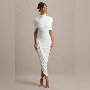 ENCHANT White Asymmetric Twisted Cape Midi Dress